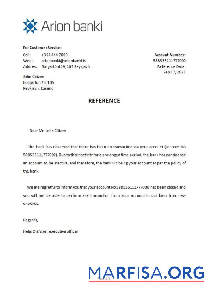 Realistic Iceland Arion Bank closure reference sample